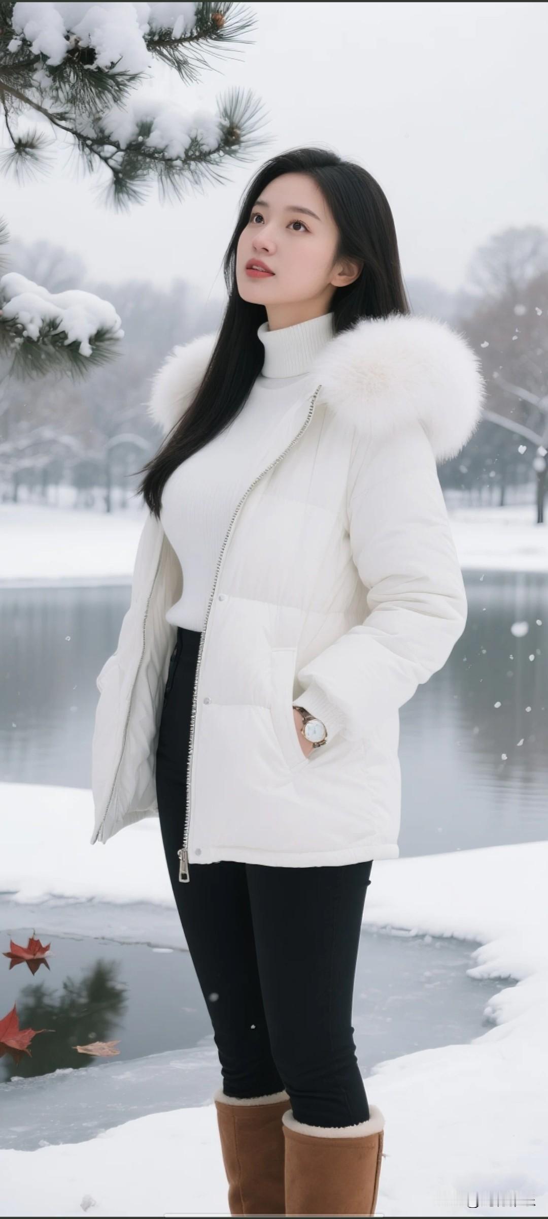 冬日雪景中的温柔少女，白色羽绒服与棕色靴子相得益彰，尽显冬日时尚。