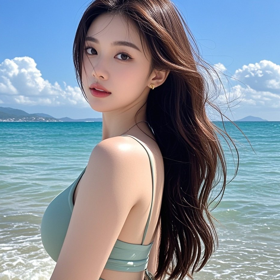 绝色佳人回眸百媚，浪花轻吻玉足生香