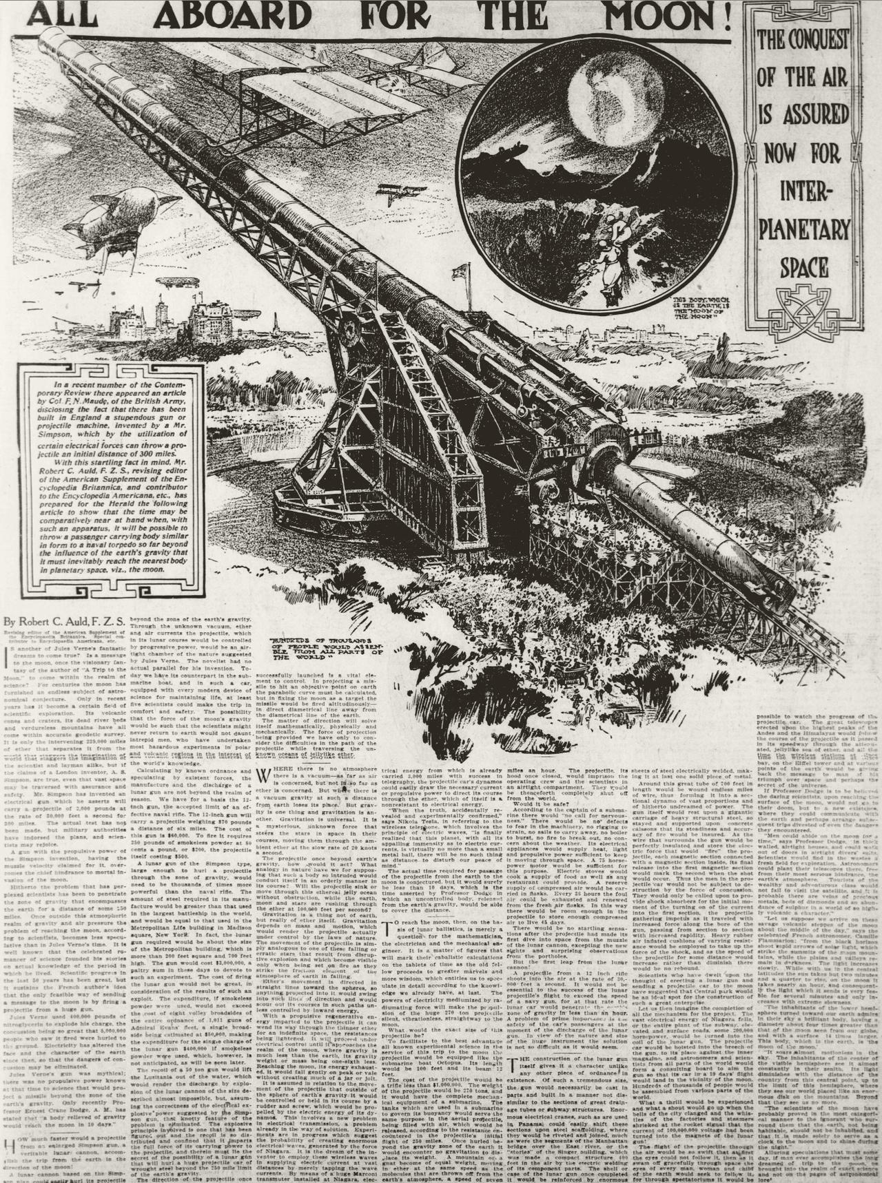 1908年，人们对登月仍然秉承极端速度理论。这是那年7月12日美国报纸刊登的航天