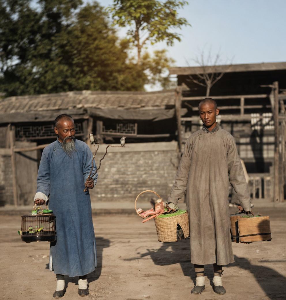 清末，两位老北京身着长衫、留着发辫，左侧大爷一手提着带罩布的鸟笼，一手拿着细枝；