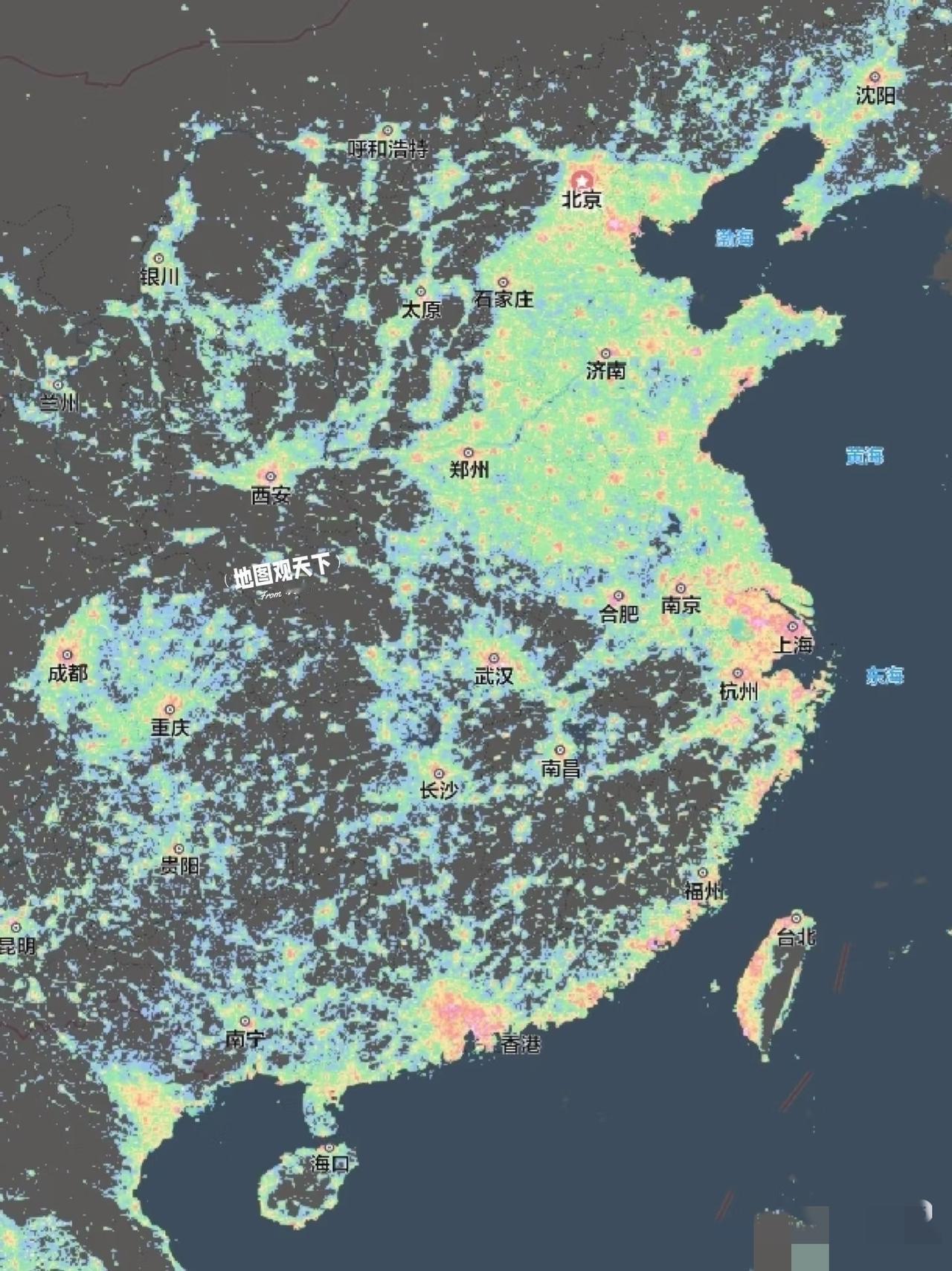 华北和南方城市的差异竟如此明显看了灯光地图才知道：华北平原果然是人口密集的地