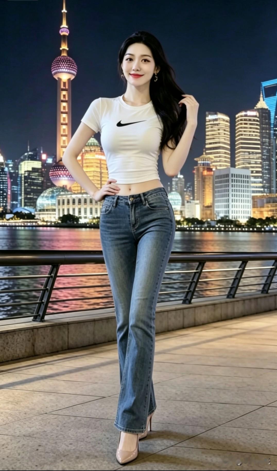牛仔裤搭配高跟鞋为什么特别好看?上海夜景下的时尚少女，自信微笑，尽显都市魅力！