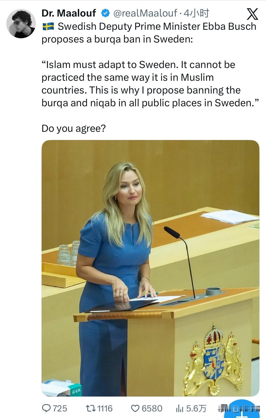 瑞典副首相埃芭·布施提议在瑞典禁止穿戴罩袍：“伊斯兰教必须适应瑞典的实际情况。它