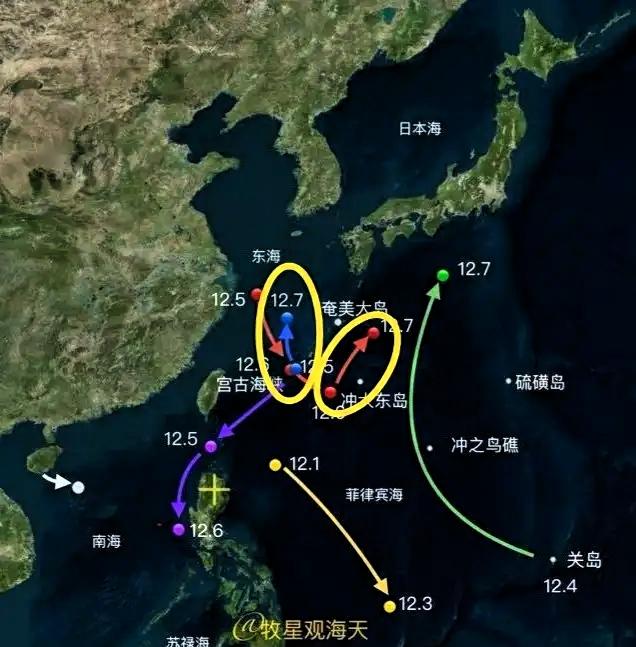 西太平洋风声鹤唳。解放军两支钢铁巨兽集群，一东一西，如两柄出鞘的利剑，直指日本