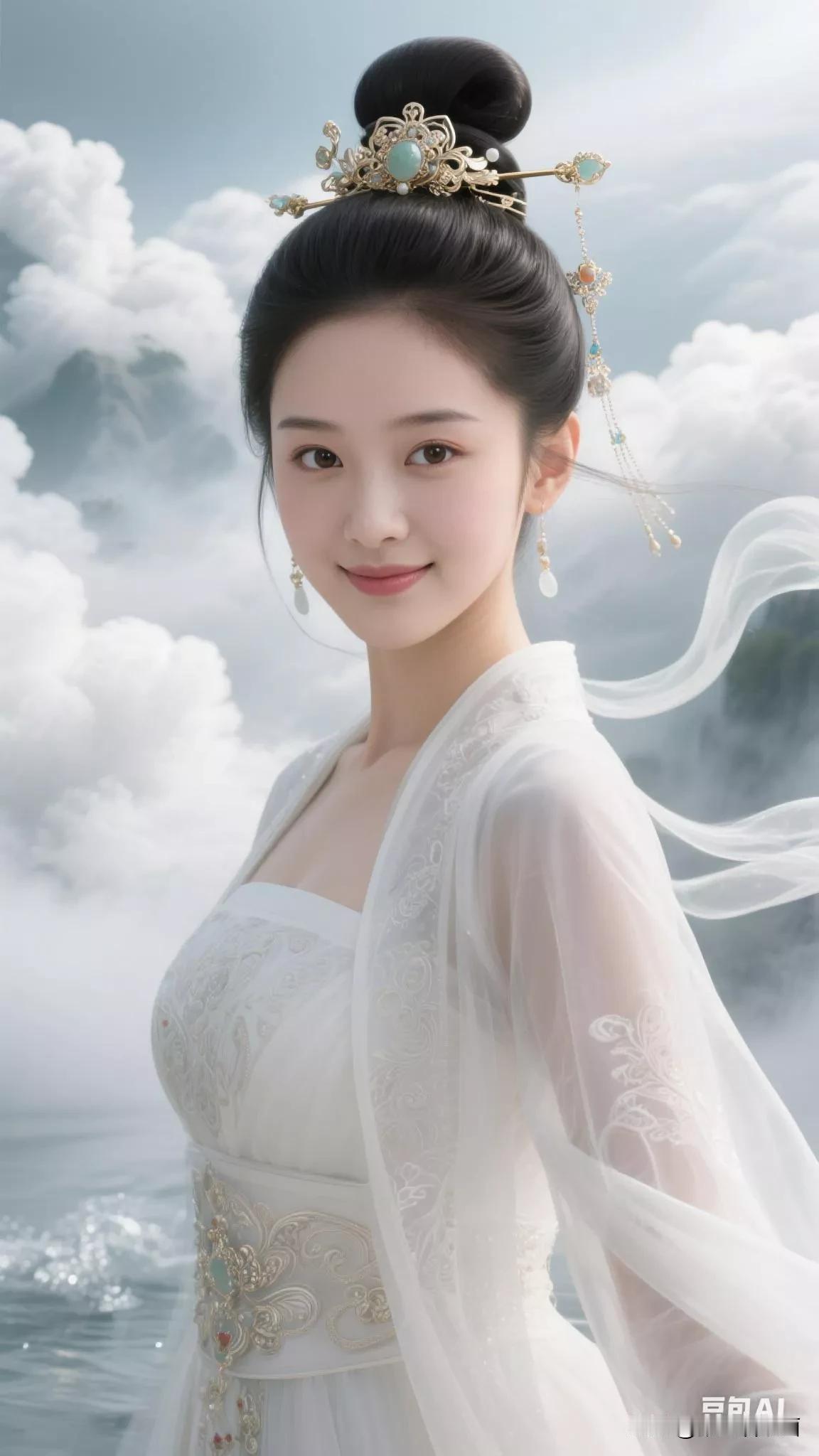 仙气飘飘的古典美人，云雾缭绕中的唯美画面张立启原创书画AI作品古仕女发髻集锦首发