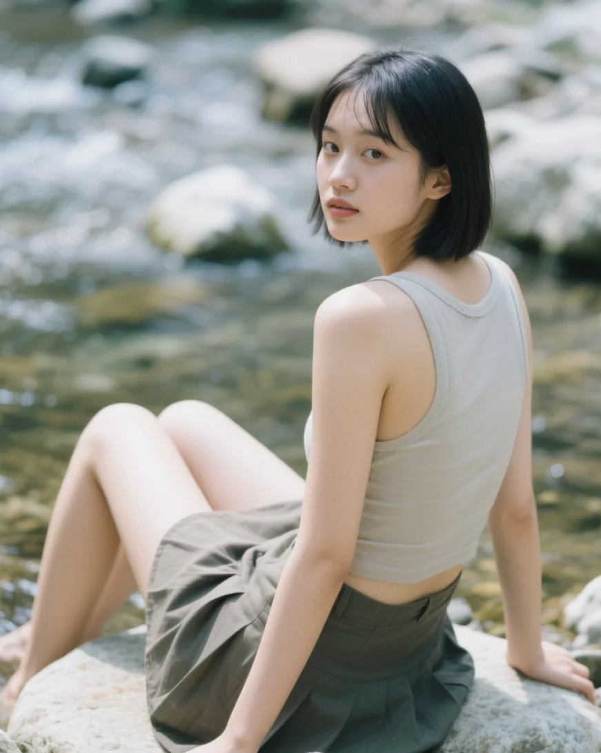 溪流边的亚洲美女，自然清新的户外写真