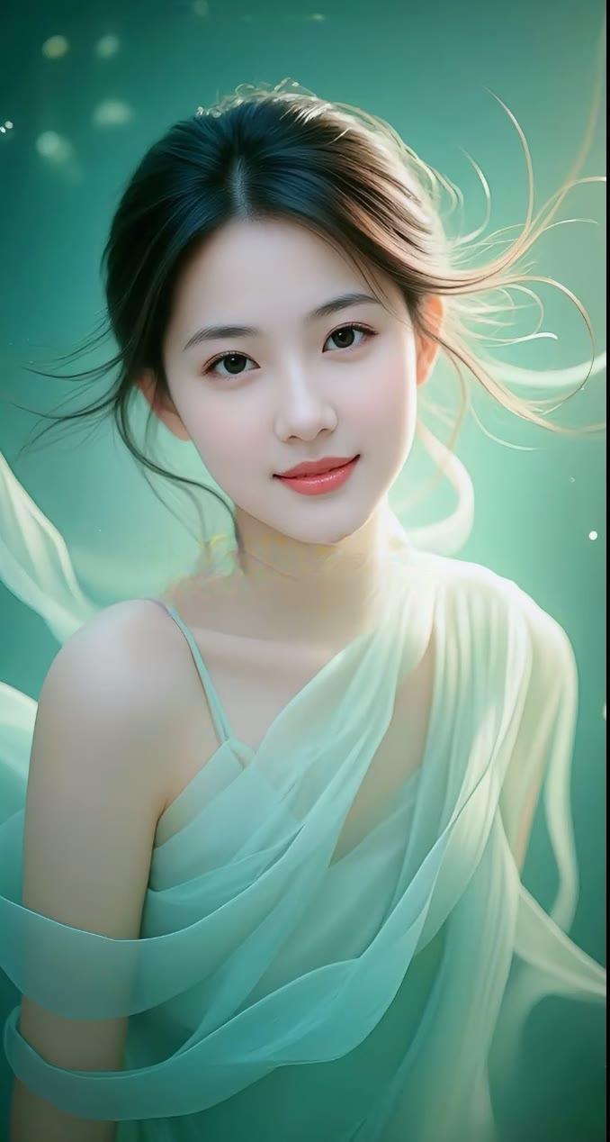 温柔如水的少女，浅绿色纱裙飘逸动人
