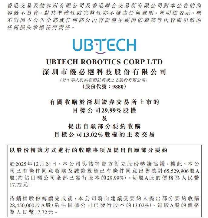 优必选发布公告，拟以“协议转让+要约收购”的组合方式共收购深交所上市公司锋龙股份