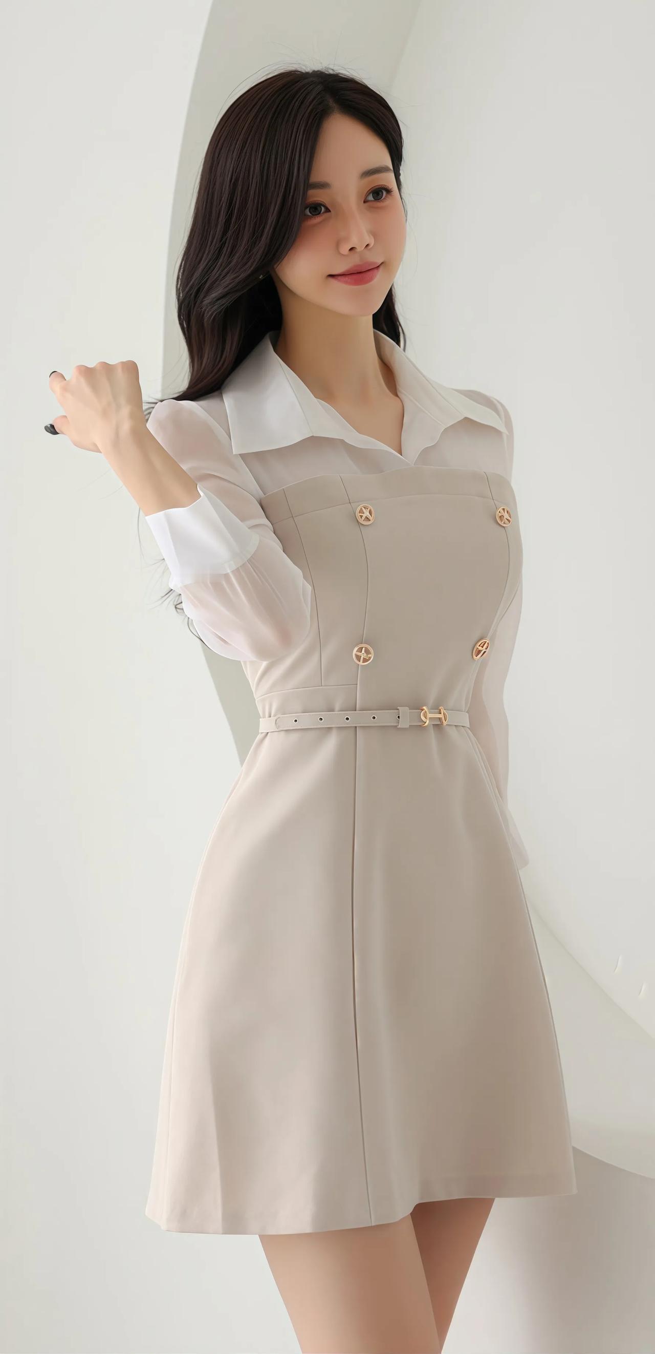 优雅职场风穿搭，米色连衣裙搭配白色衬衫，简约大方，尽显女性魅力！👗💄👠