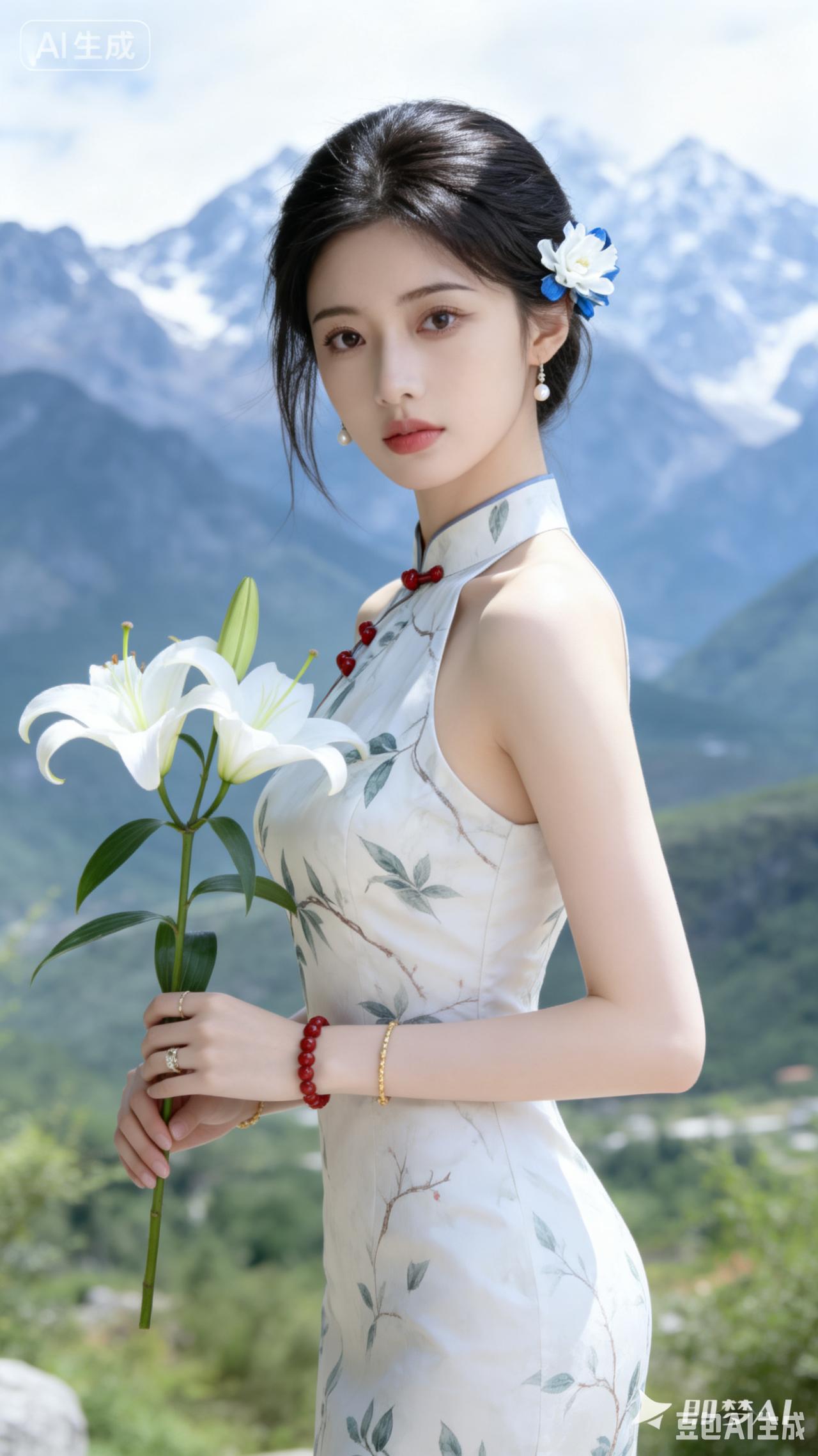 “山间仙子，手持白莲，气质如兰”🌸🏔️💐