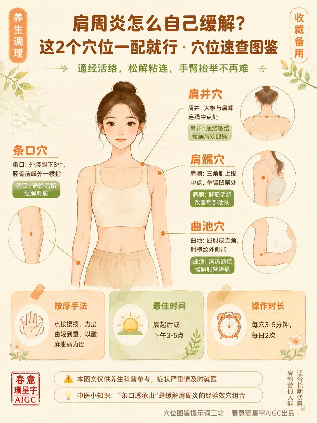 这2个穴位一配就行必按这两个穴。①小腿条口穴，外膝眼下8寸，边按边抬手臂！②