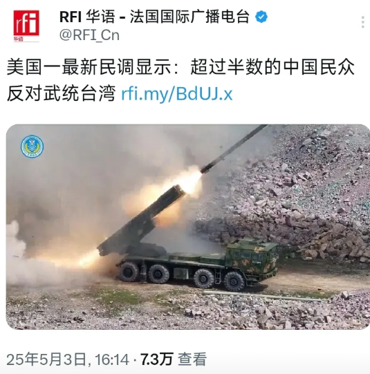 法国国际广播电台5月3日报道称：“据美国一项最新民意调查显示，逾半数中国民众反对
