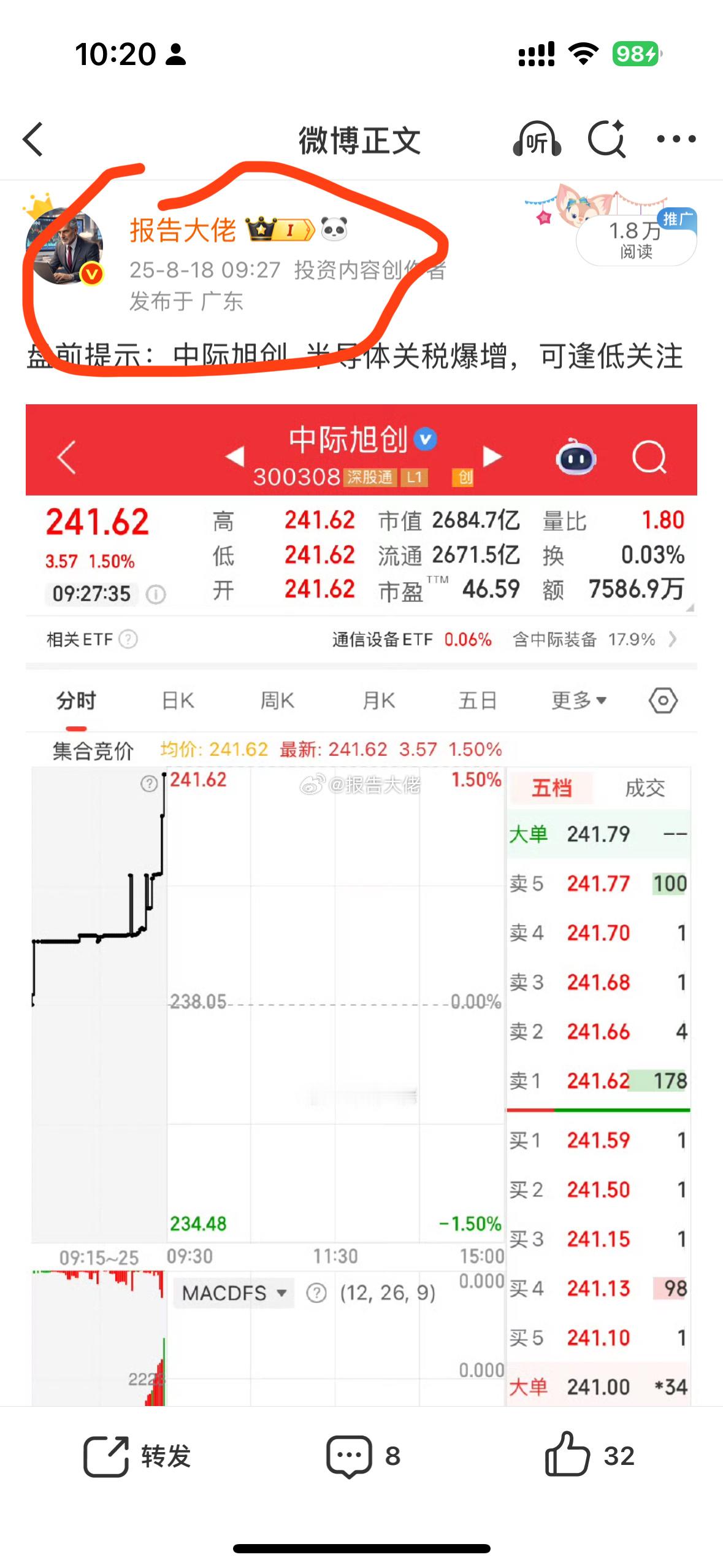 18号提示的，中际旭创又又又新高了！什么是趋势，这就是趋势，没有很强只有更强！