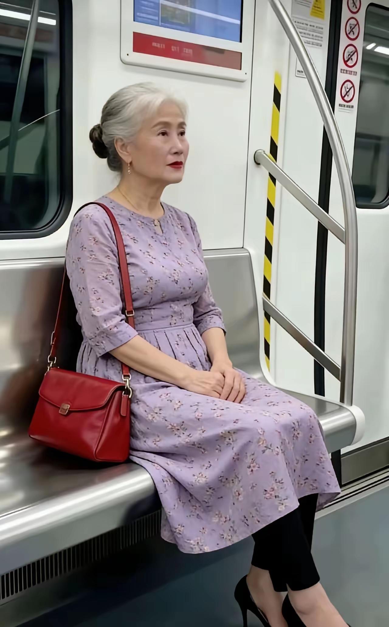 早起上班地铁上看见一位阿姨虽然满头白发但是打扮的还挺时尚🌹