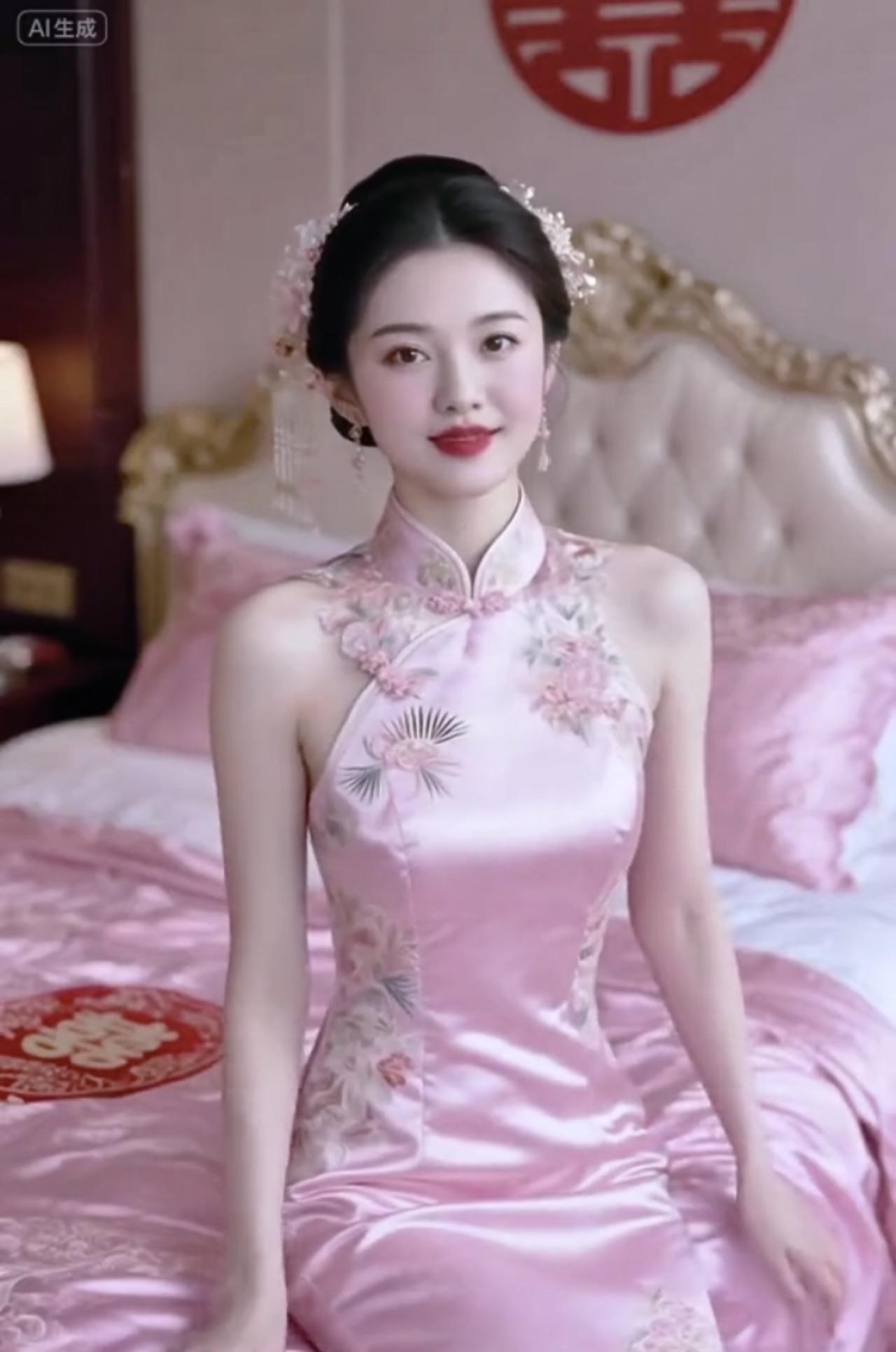 《温婉绮梦》一袭粉缎旗袍，绣满芳华。发髻簪花，红唇含韵，在中式婚房的雅致里，她