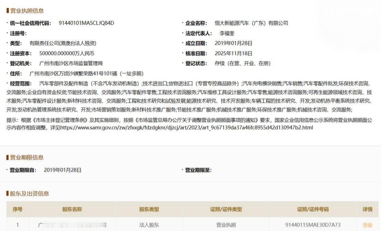 【广州国资接手恒大汽车两家子公司】国家企业信用信息公示系统显示，恒大汽车两家子公