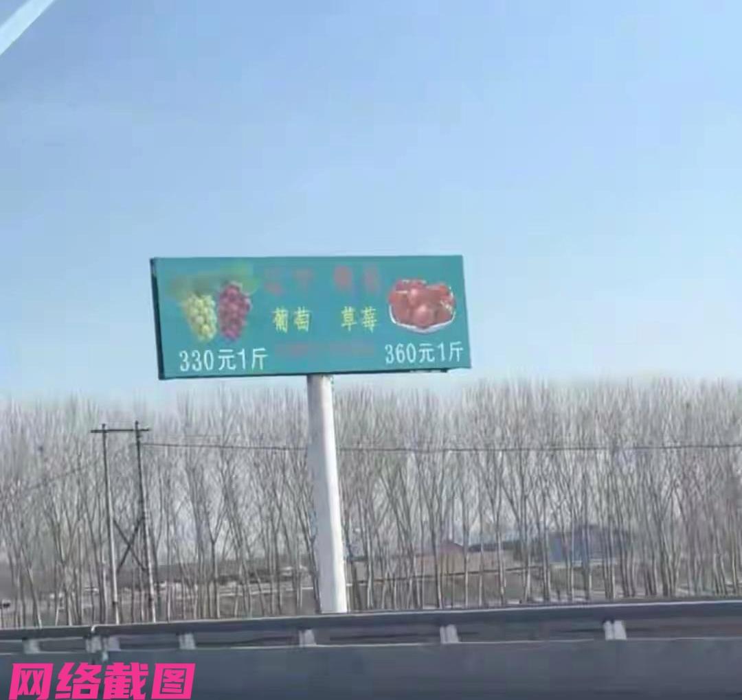 辽宁高速上有人见到标有天价的水果广告牌。在这广告牌上面，有写到葡萄330元/