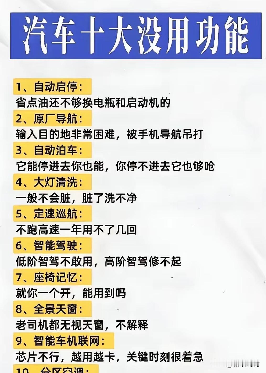这些功能是汽车上的鸡肋功能，你认同吗？有人总结了汽车上的10大没用功能，有几