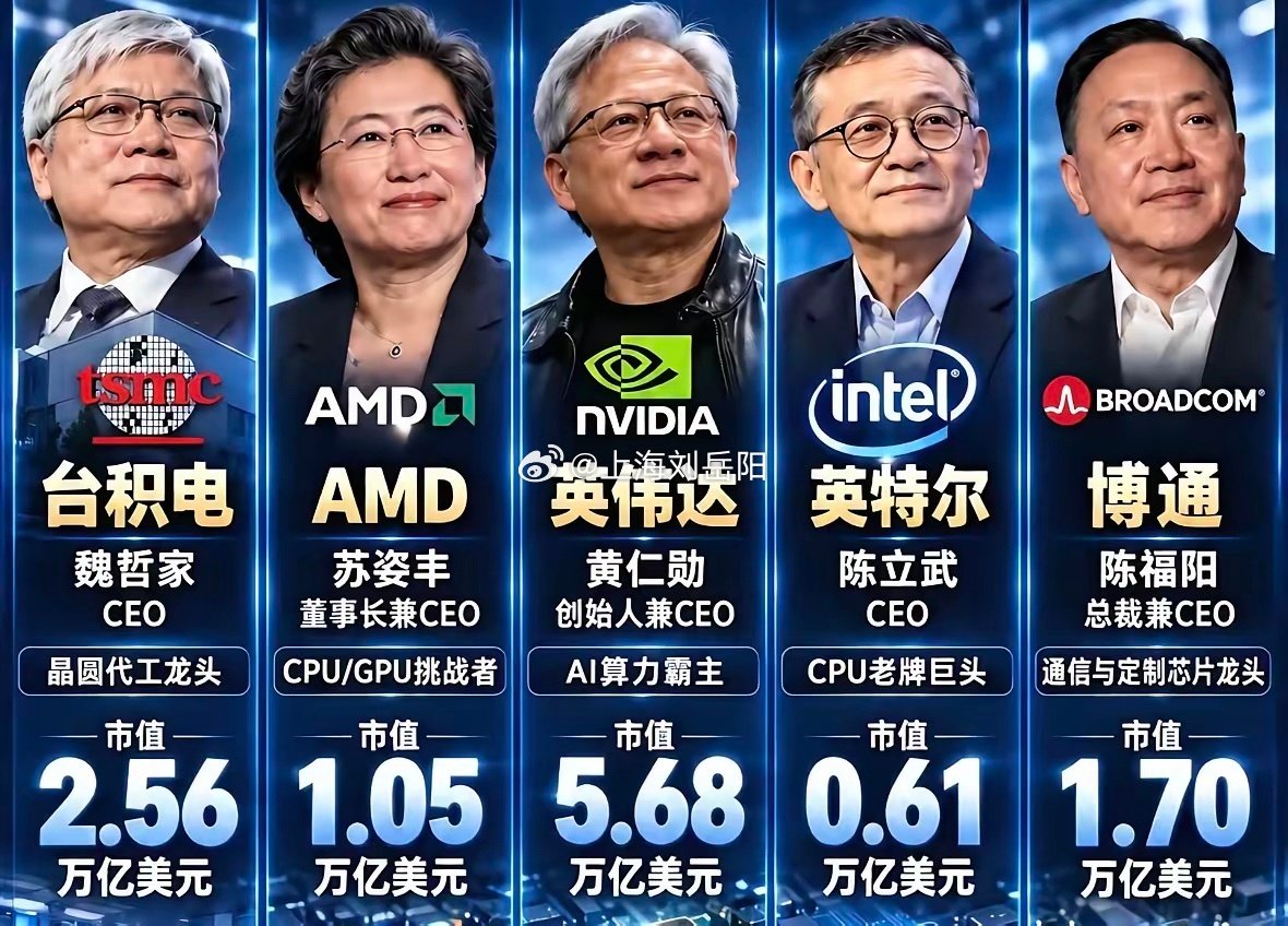 你以为统治全球半导体的都是美国人？台积电魏哲家、英伟达黄仁勋、超威苏姿丰、英特尔陈立武、博通陈福阳这