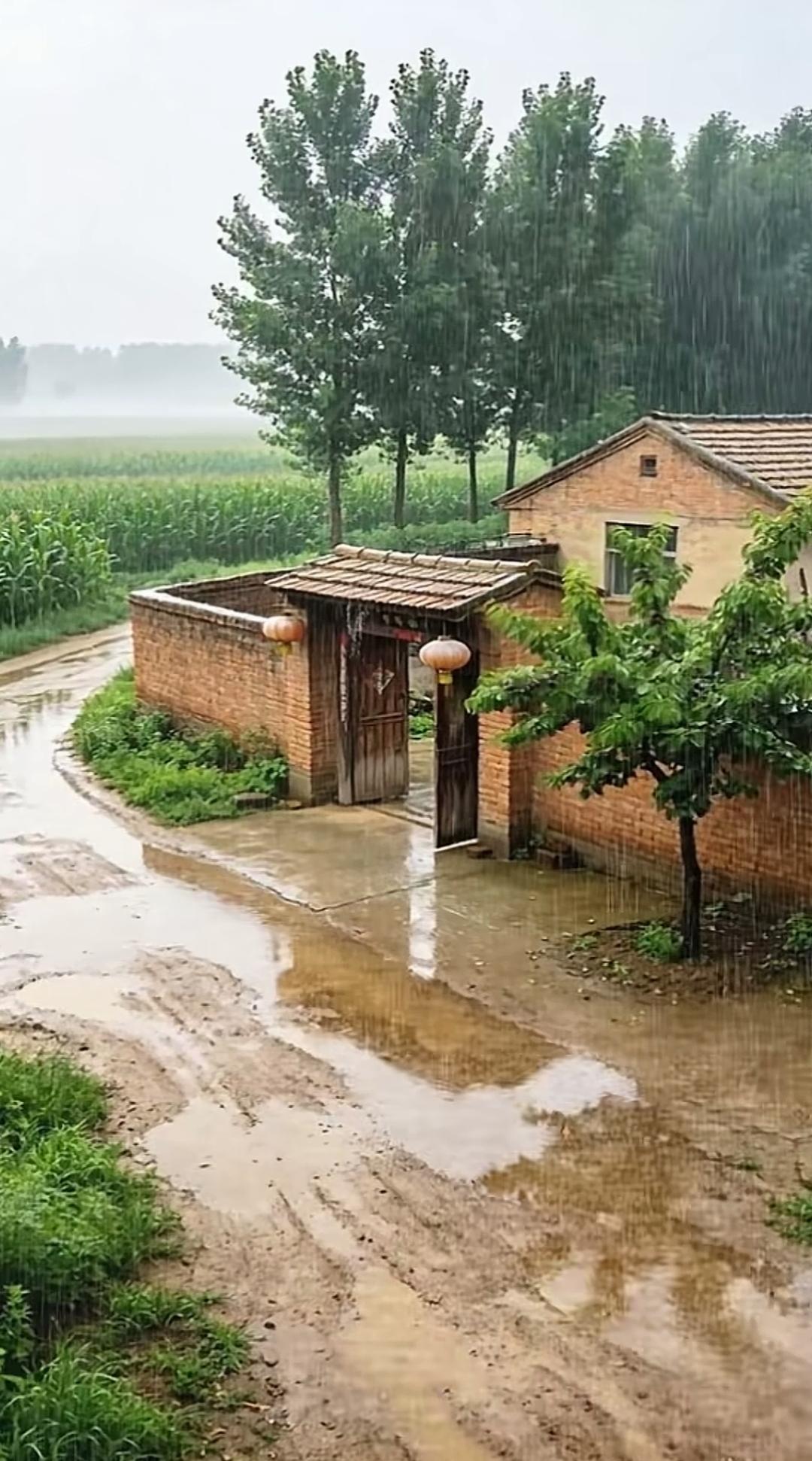 下雨天，乡村小路泥泞不堪。山东鲁西南济宁南我的老家，长大的地方，看到这样的场景，