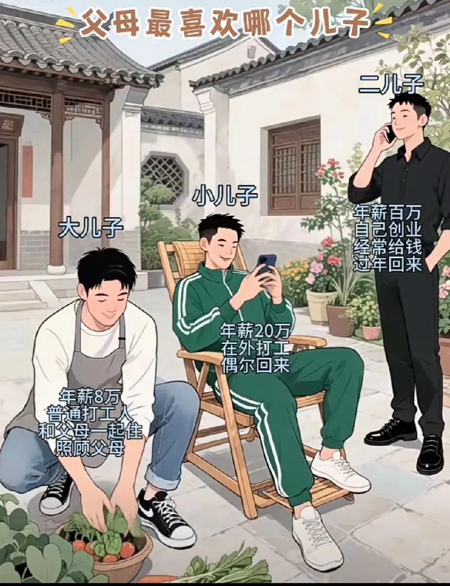 老两口有三个儿子:大儿子年薪8万，普通打工人，跟父母一起住，照顾父母；二儿子