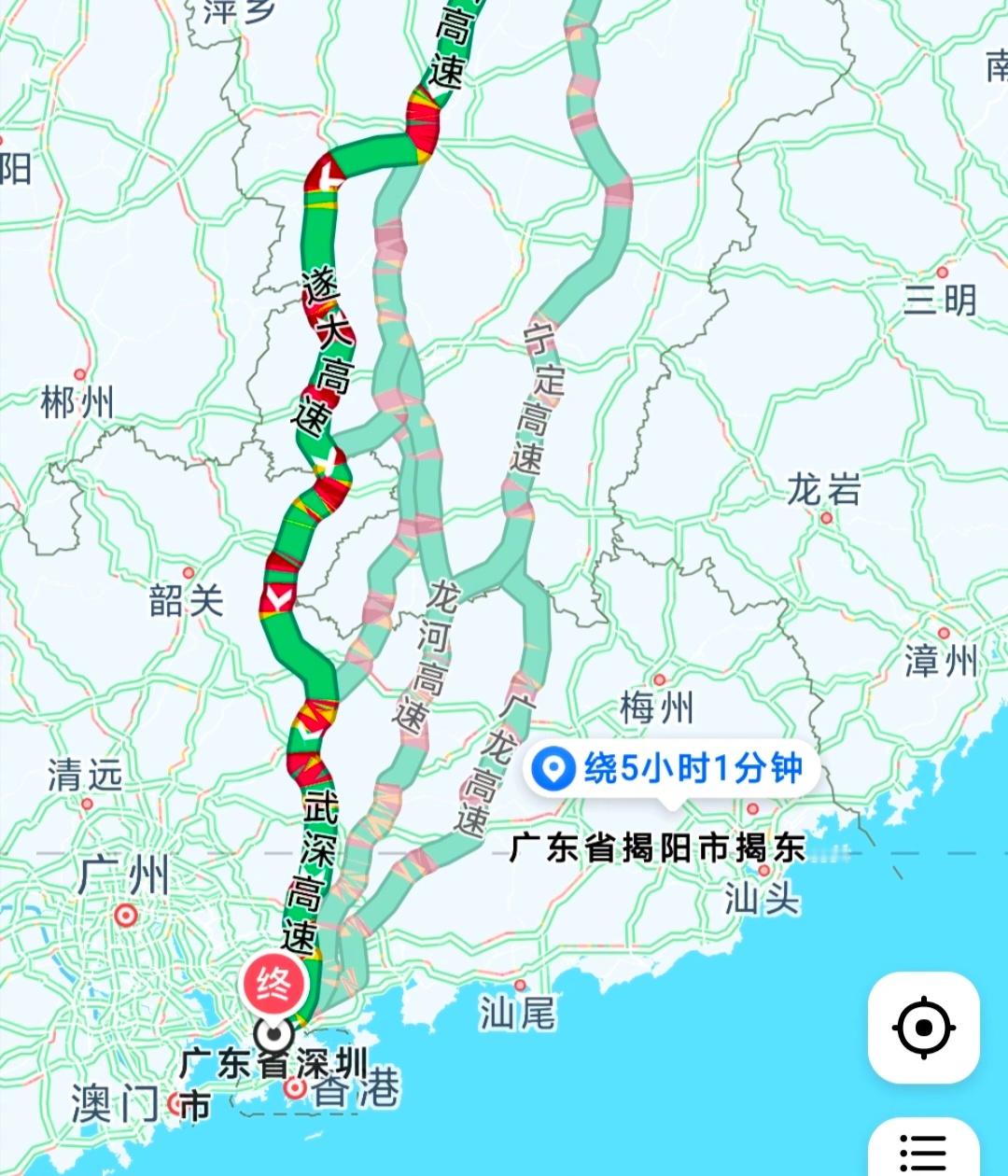 高速堵车看了几条南北向通深圳的高速路，到处都飘红。哈哈，大家都提前出发，想到