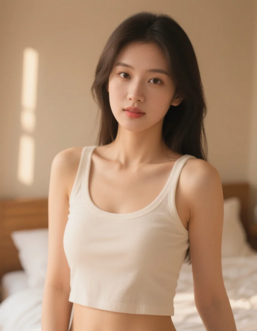 卧室里的亚洲美女，温柔恬静的居家氛围感