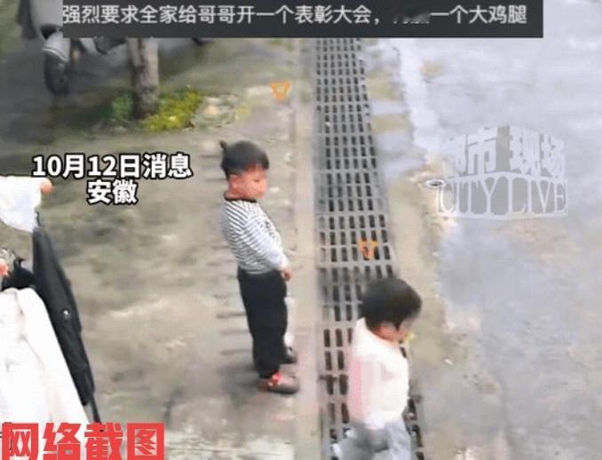 安徽有三岁小男孩在路边小解。只当此时不知自己妹妹突然从一旁跑出直奔大路，这路