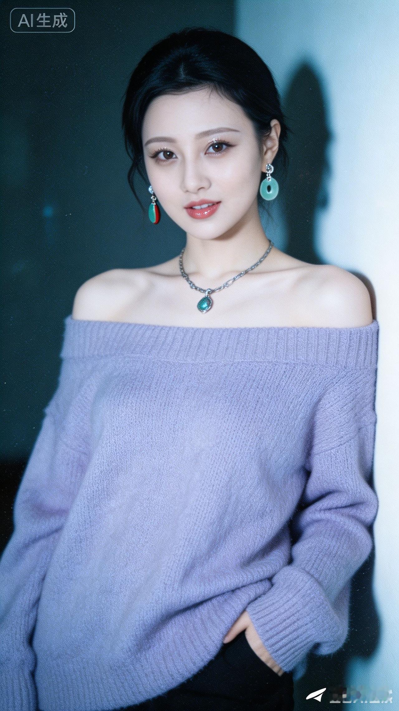 温柔紫毛衣搭配绿松石耳环，清新优雅，尽显女性魅力！💖✨