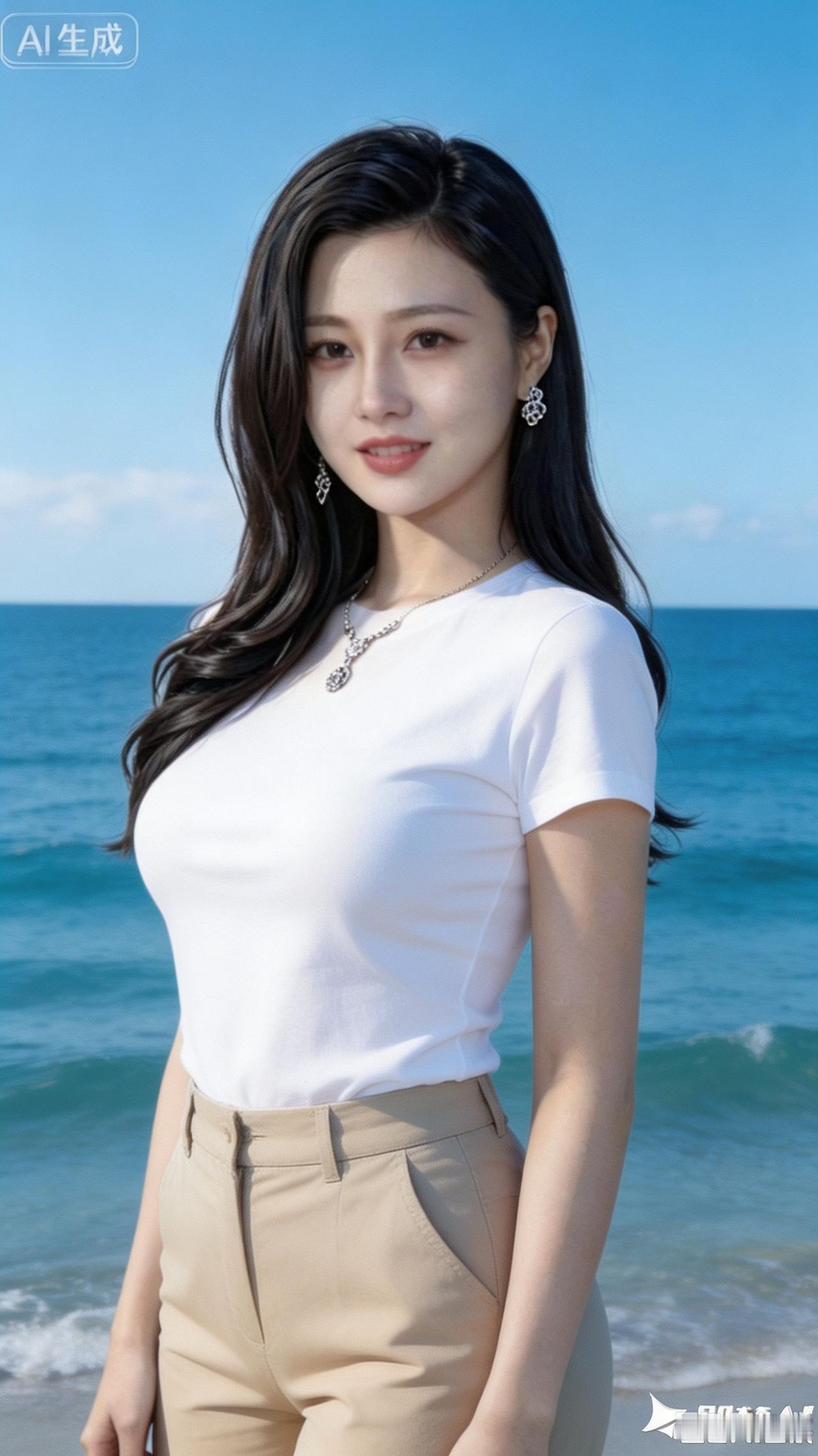 海边风景美，美女在享受阳光。