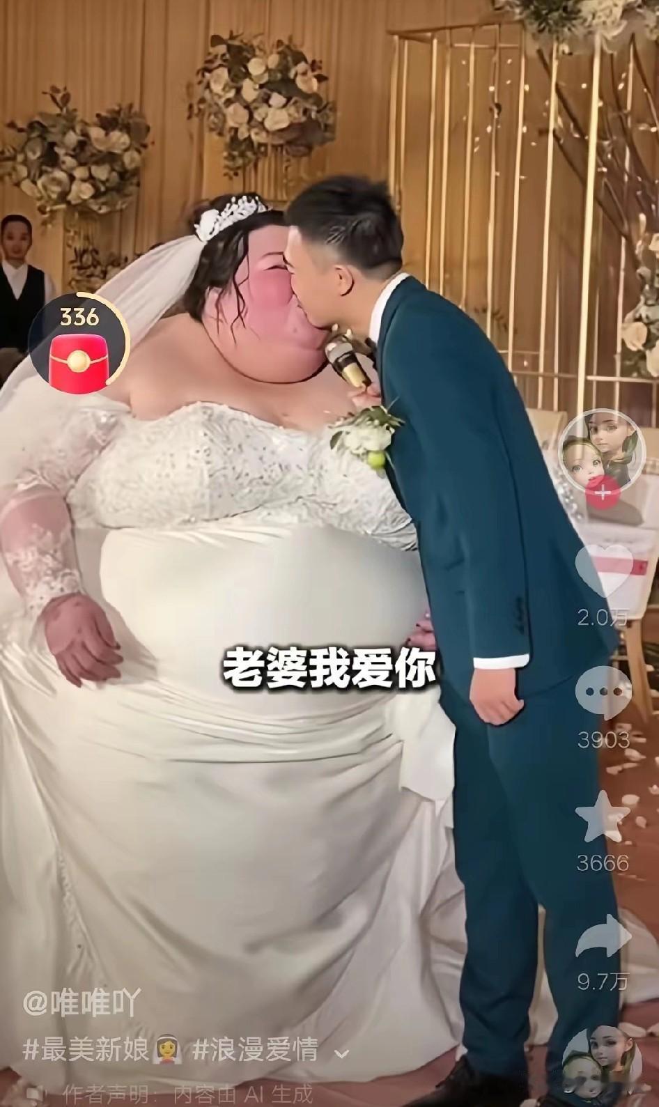 这对新人体型上差异太大了，新娘子属于重量级的，新郎这显得太单薄了，新娘不仅体型属