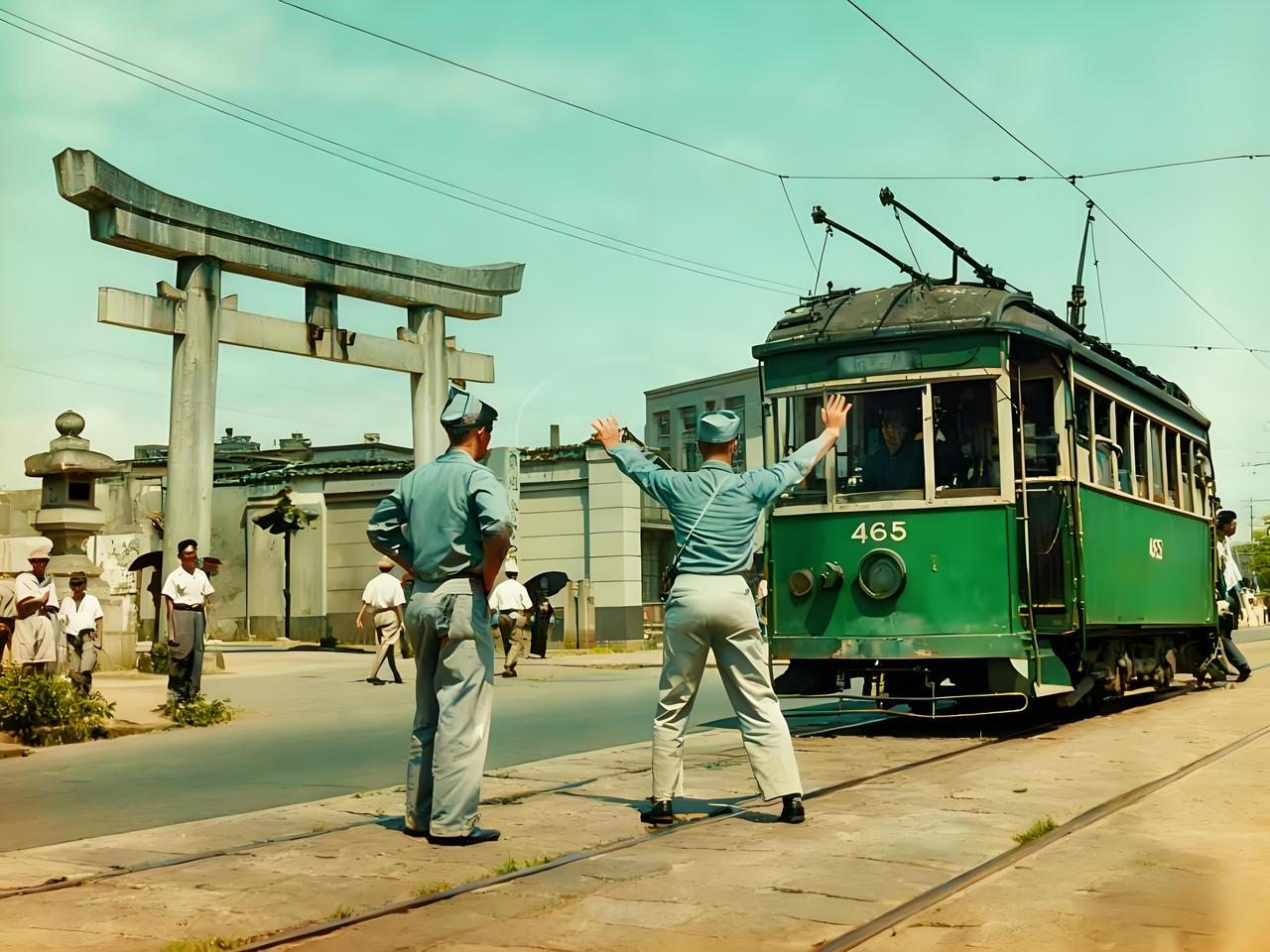 1946年10月的东京街头，靠近日式鸟居的电车轨道旁，两名美国大兵浑身散发着浓烈