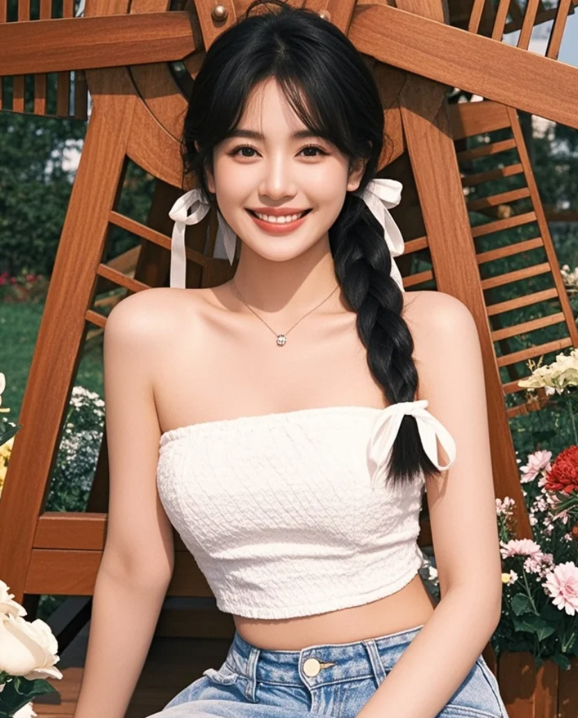 美女在风车转动的花田中，笑容如阳光般灿烂明媚。