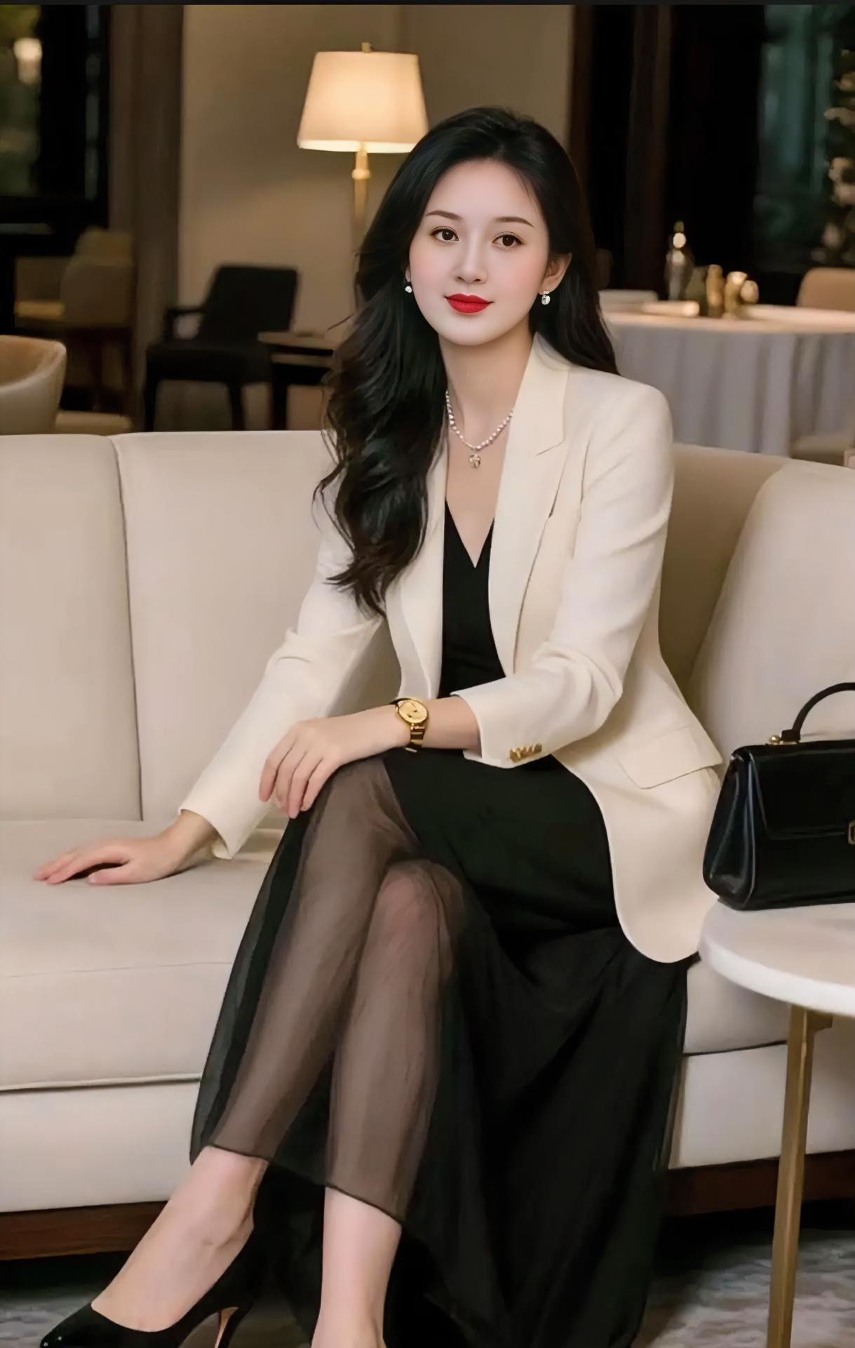 米白西装轻，黑裙坐晚晴。卷发垂肩柔，灯暖笑盈盈。珍珠映从容，