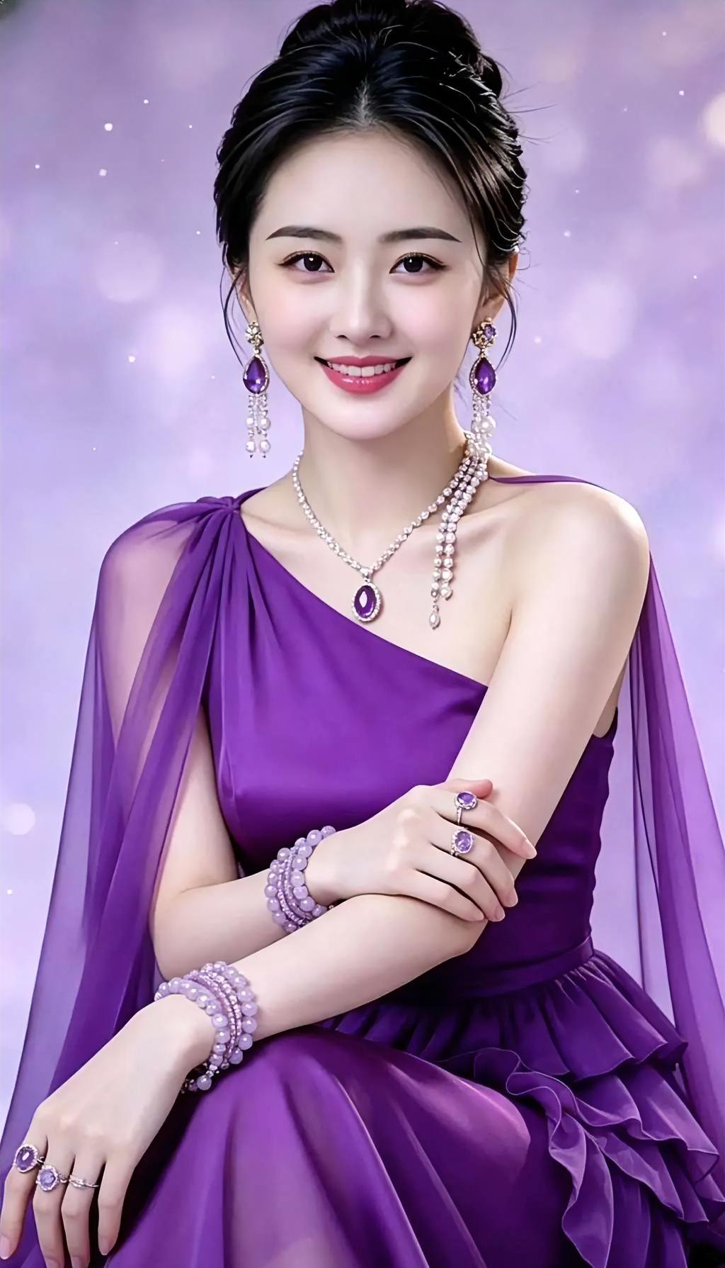 紫裙托起星光，薄纱轻披肩上。珠链绕着颈项，耳坠摇落清亮。笑意弯成