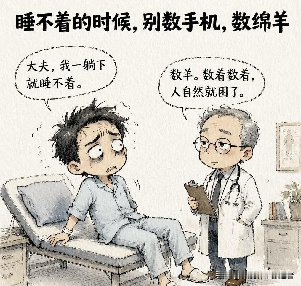 趣味漫画：病人说：「大夫，我一躺下就睡不着。」大夫说：「数羊。数着数着，人自然就