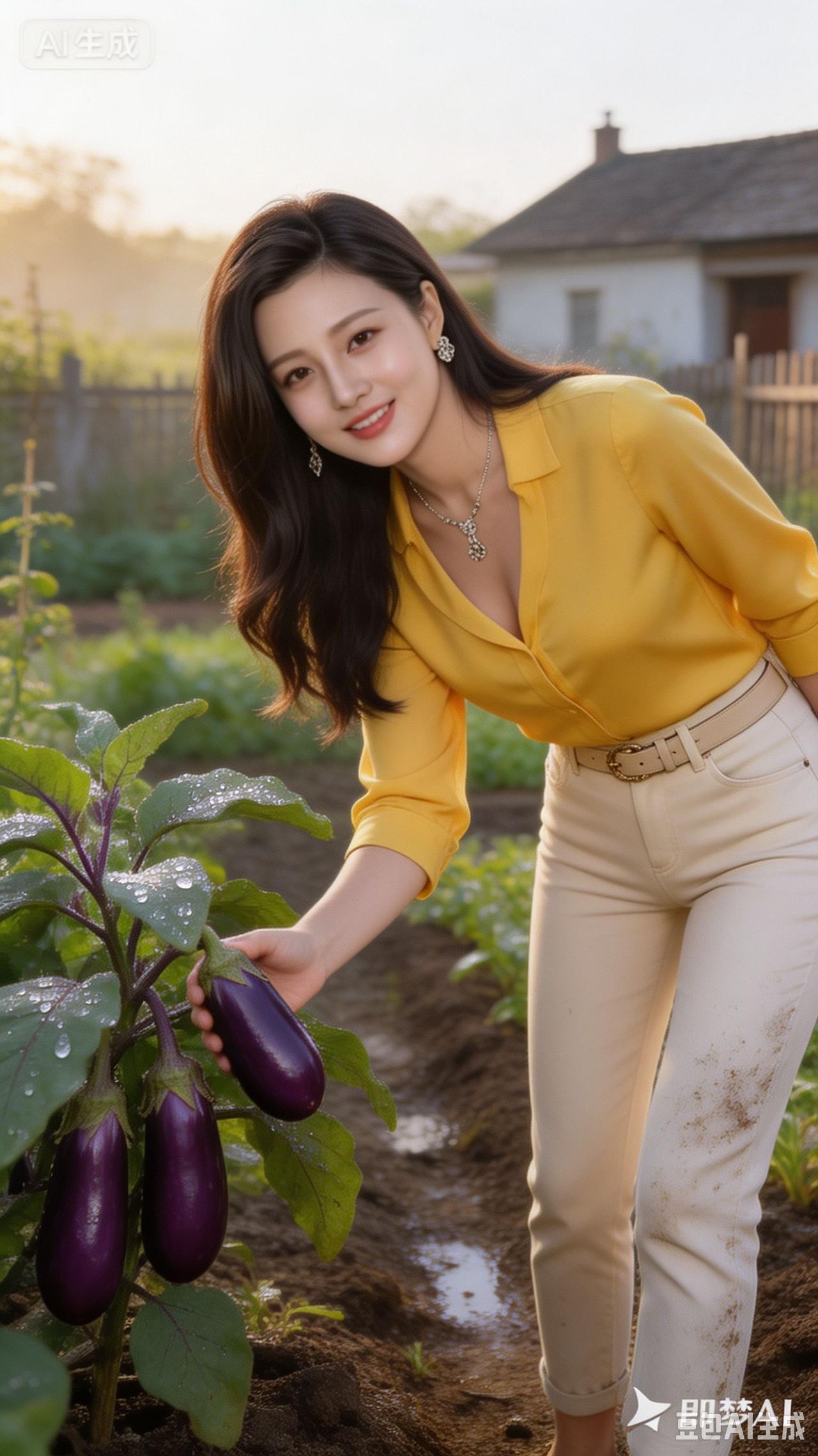 美女在田里摘茄子，笑容甜美。
