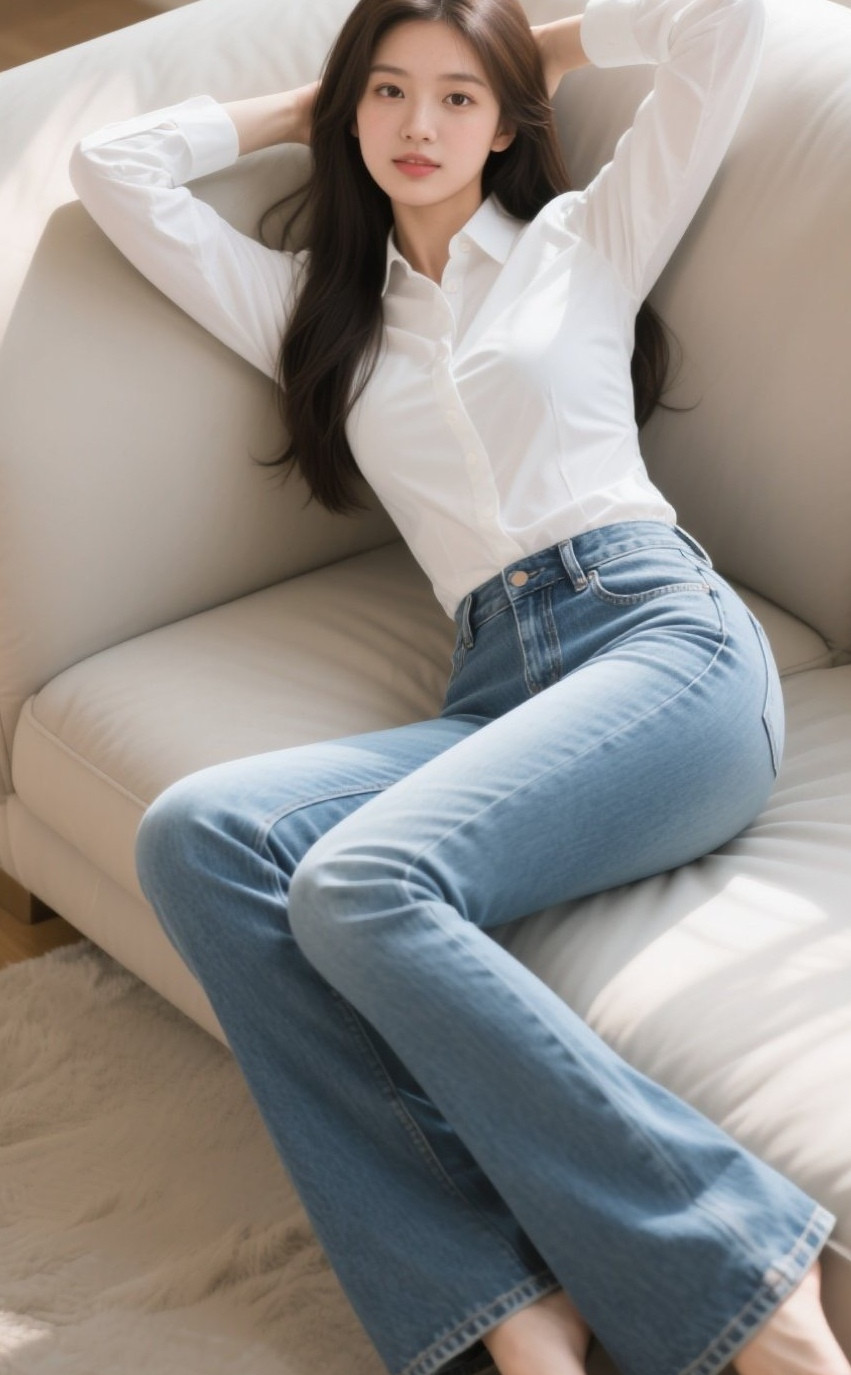 妩媚美眉横卧慵懒，紧身牛仔勾勒曲线