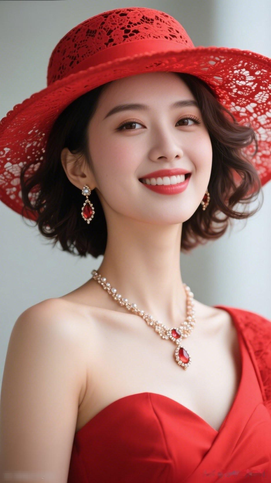 优雅红裙，闪耀珠宝，甜美笑容，完美女神！💃💎😊