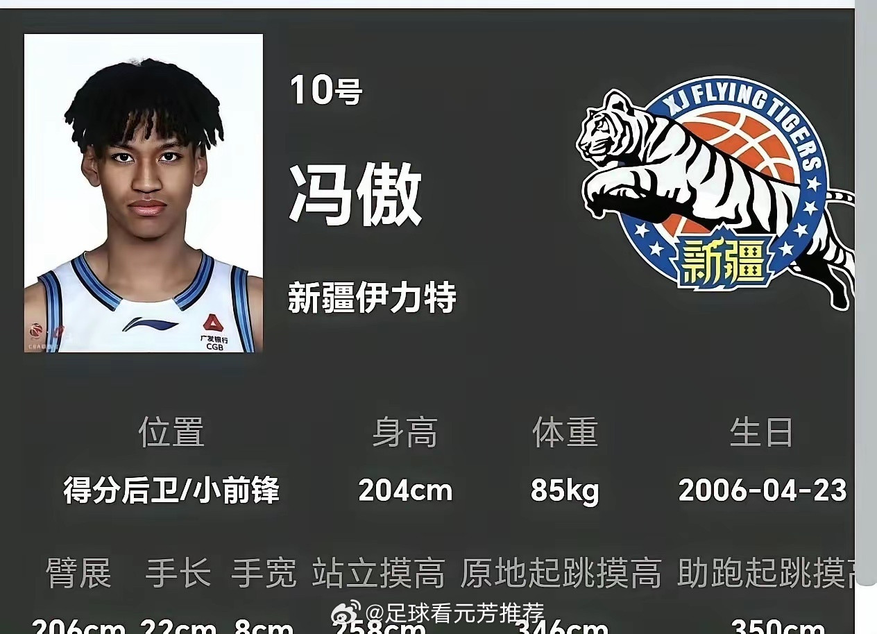 冯傲CBA体测数据！！！身高实打实204，臂展大于身高，摸高350，这个数据对于