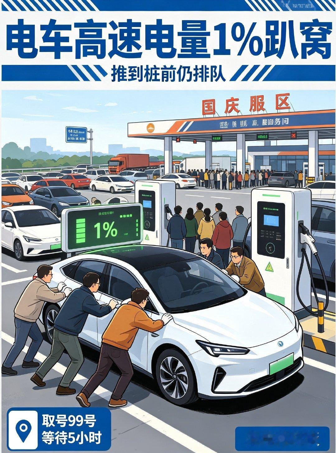 #电车高速电量1%趴窝推到桩前仍排队#🔥国庆高速电车名场面，电量仅剩1%趴窝。大伙合力把车推到充电