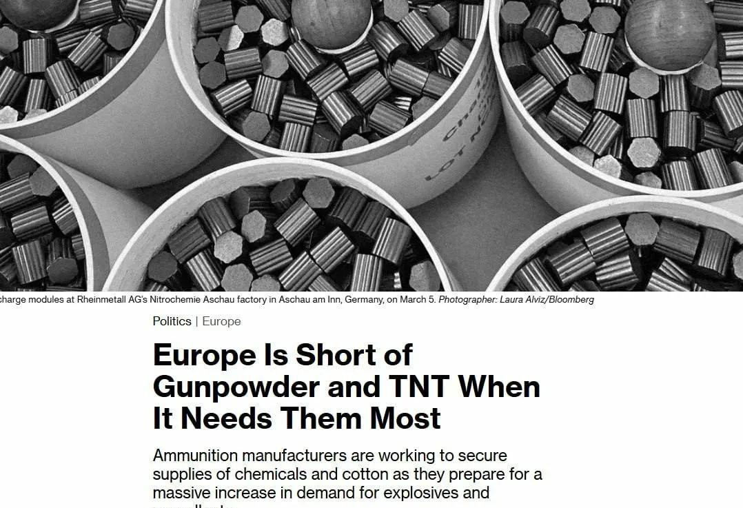 欧洲缺乏火药和TNT来制造炮弹-彭博社报道指出，欧洲国家积极向乌克兰转移弹