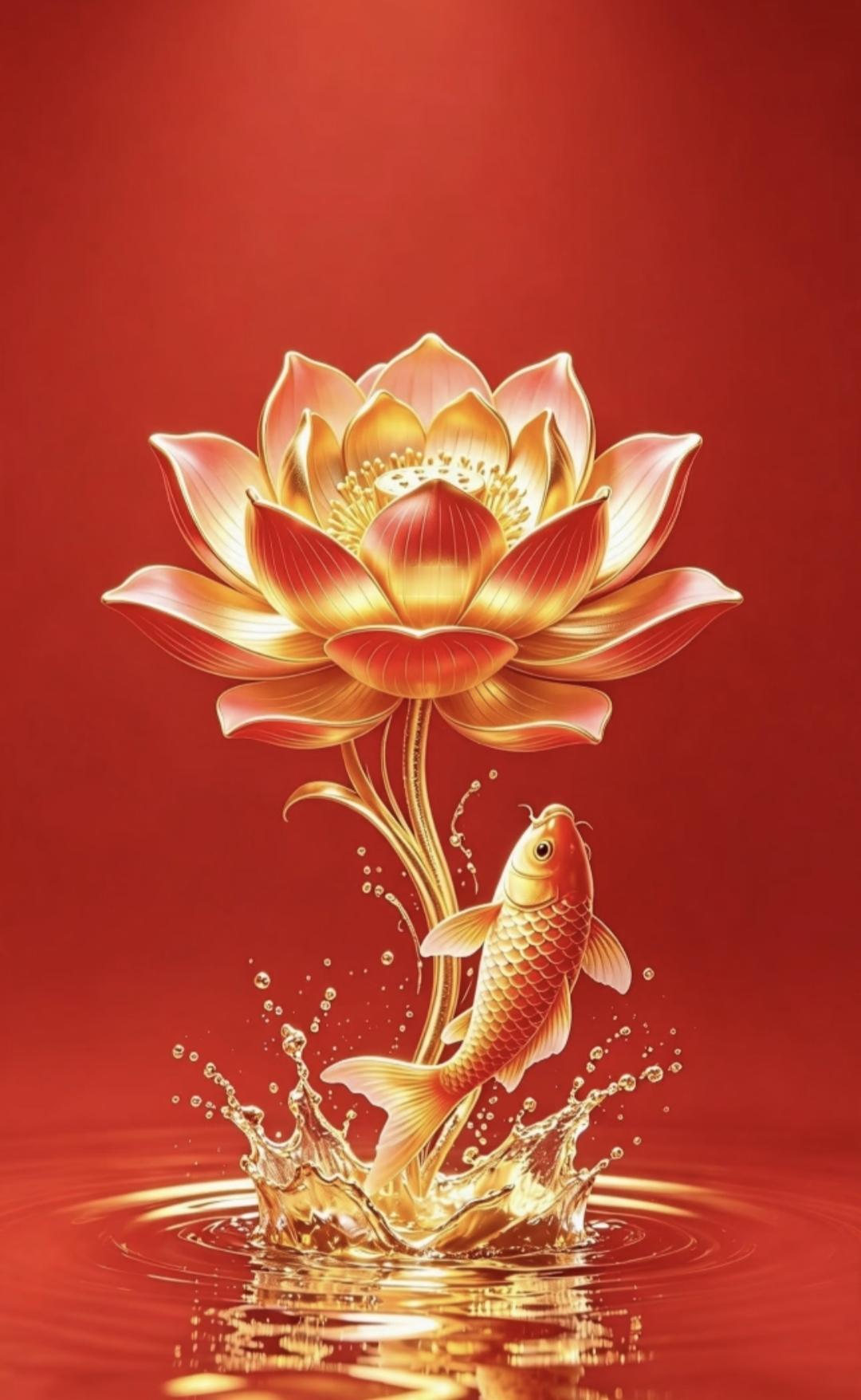 鱼跃莲间，所求如愿红底托鸿运，金荷映吉祥。锦鲤跃莲动，心愿漾清波。传统文化传
