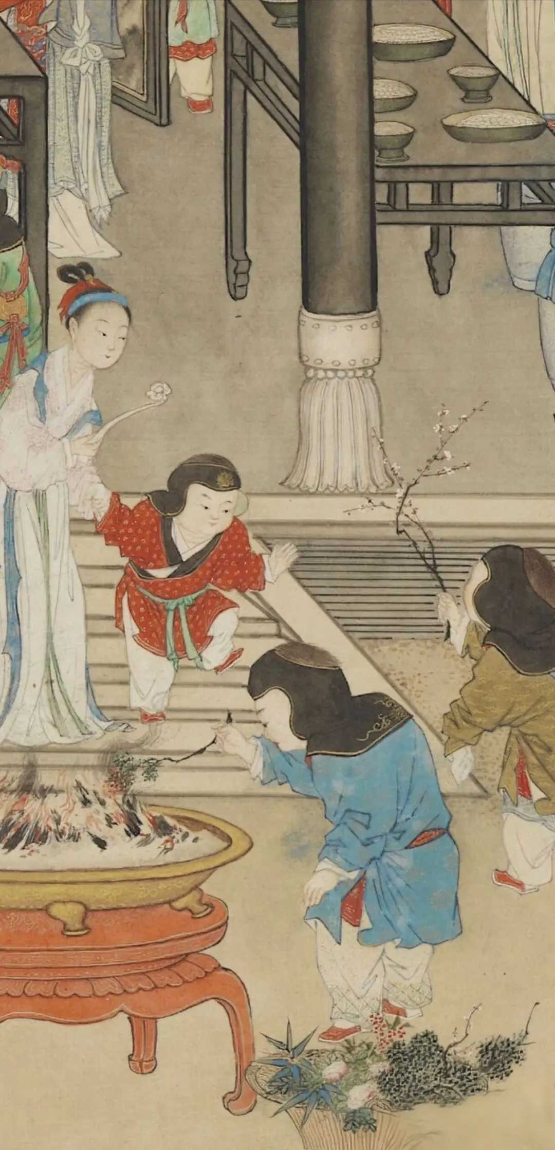 清代宫廷画家姚文瀚的传世名作《岁朝欢庆图》，现藏于台北故宫博物院。它是典型的清代