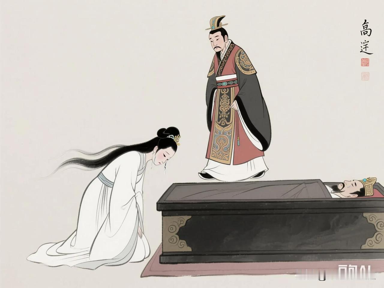 北齐皇帝高洋听说大臣崔进死了，来到他的棺椁前，其妻李氏跪伏在地，素衣如雪，美得凄