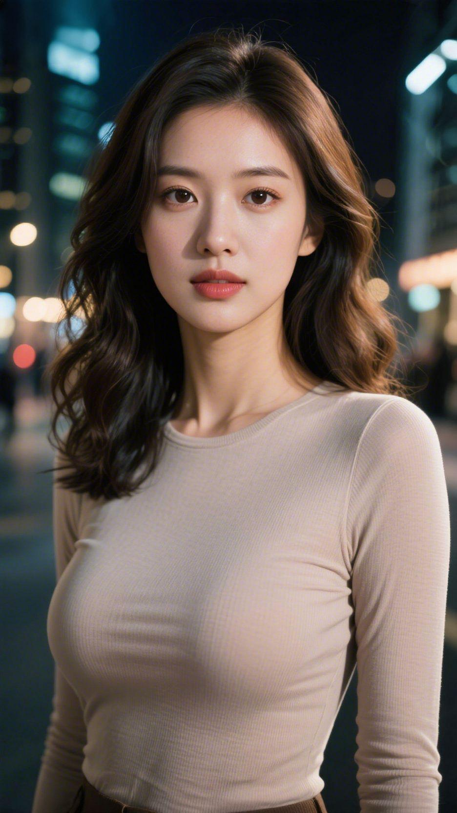 夜街中的暖棕柔影城市的夜裹着碎光漫开时，她立在街景里，像把暮色里的暖棕晕作