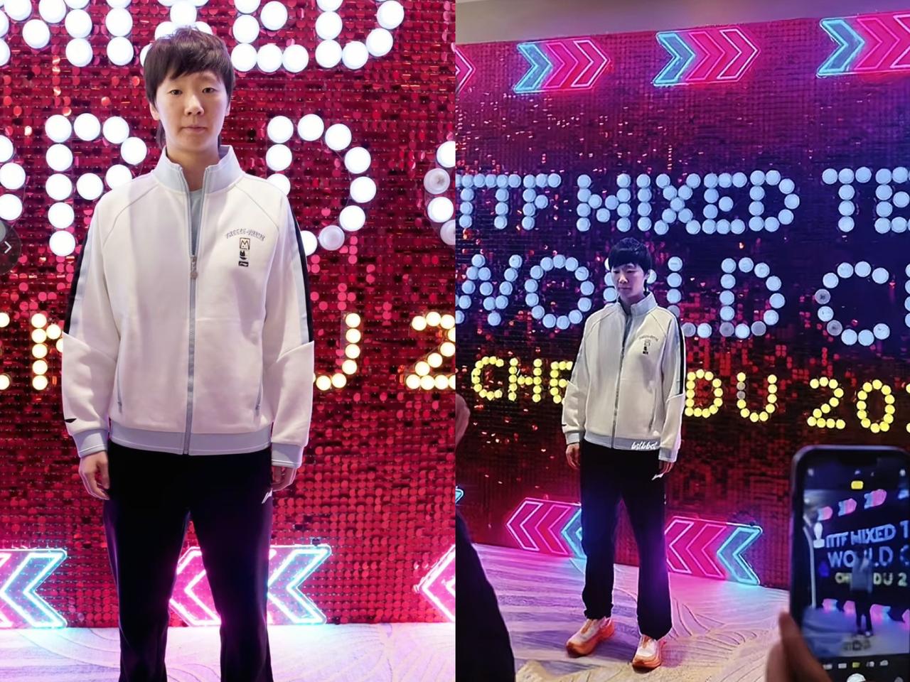 今晚成都混合团体世界杯举办欢迎晚宴，王曼昱穿着一身李宁运动服套装来到签名墙互动！