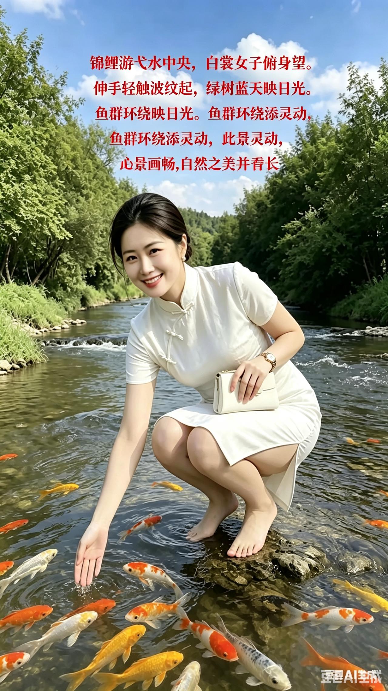 白衣女子与锦鲤嬉戏，自然之美尽收眼底。诗者讲解图文，邀你写诗表意:
