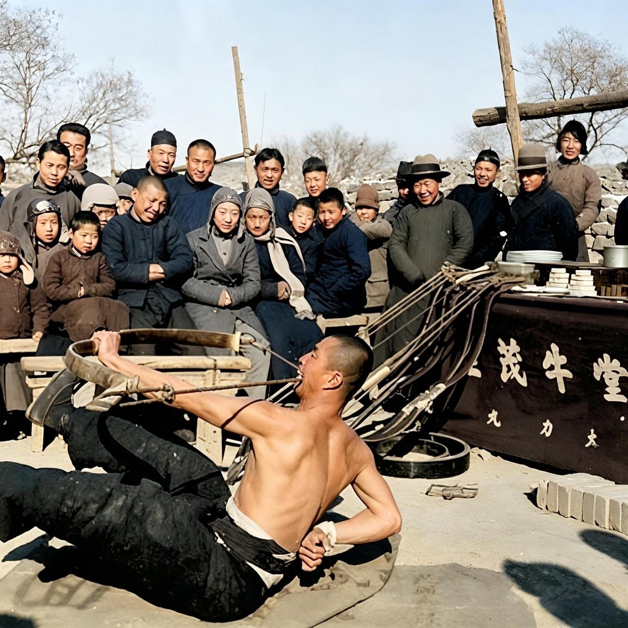 这名手脚口并用拉硬弓的男子正是老北京天桥武术艺人蔡文山。因拿手绝活为开硬弓，天桥