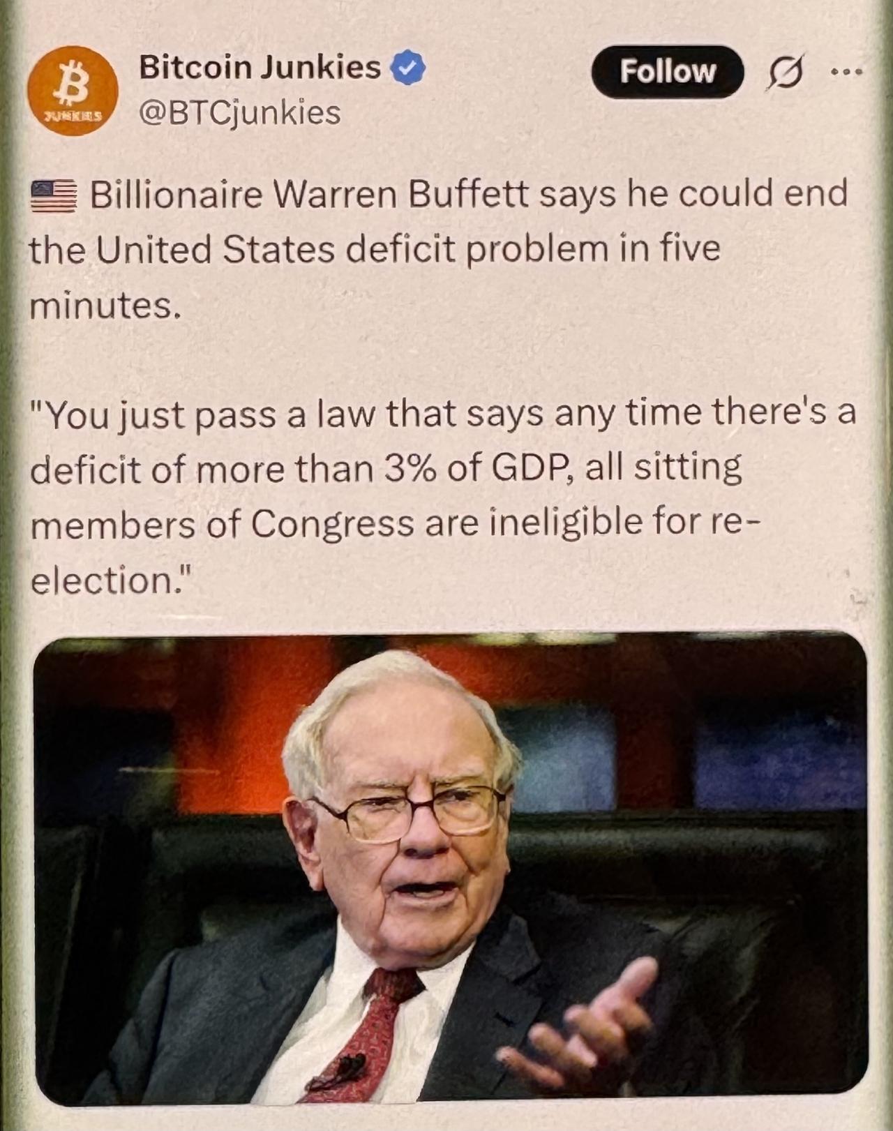 突发！巴菲特重磅发声！亿万富翁沃伦·巴菲特说，他可以在五分钟内解决美国的赤字